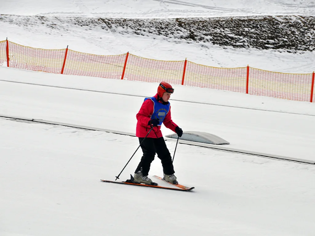 Skifahrer in roter Jacke auf der Piste.